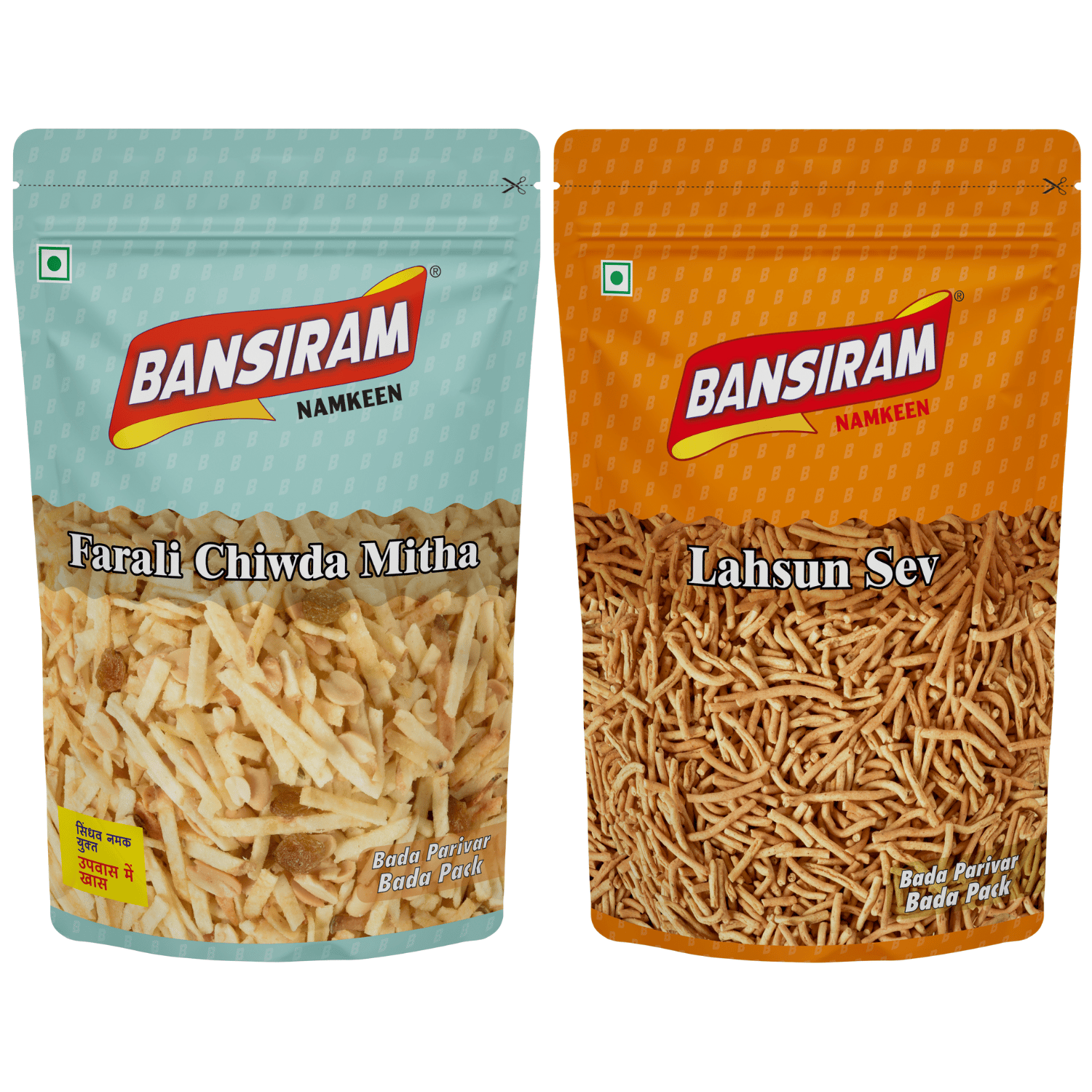 Bansiram Namkeen Farali Chiwda Mitha 350 & Lahsun Sev (400g Each) - 750gm.