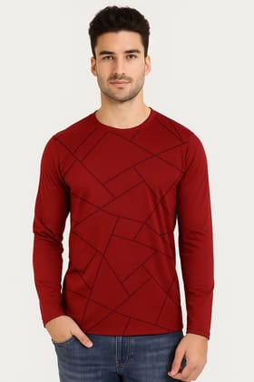 Men's Maroon Full Sleeve T-Shirt with Geometric Print | Stylish Casual Wear for Daily & Party Use