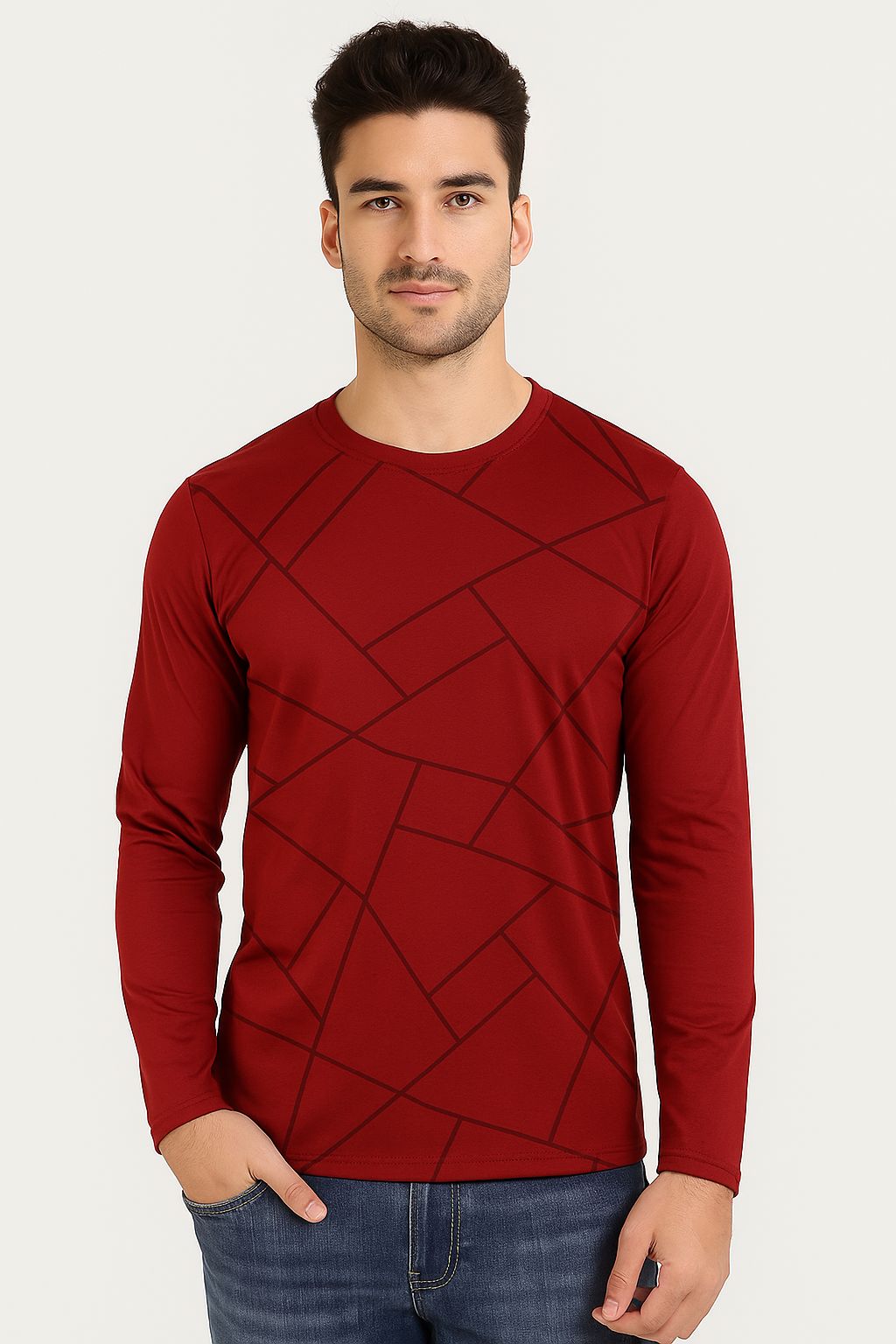 Men's Maroon Full Sleeve T-Shirt with Geometric Print | Stylish Casual Wear for Daily & Party Use