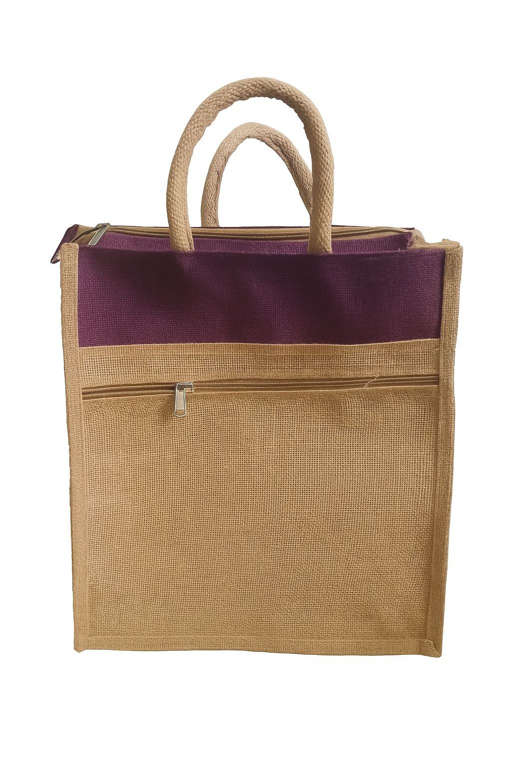 Eco-Friendly Jute Shopping Bag with Zipper & Burgundy Accent