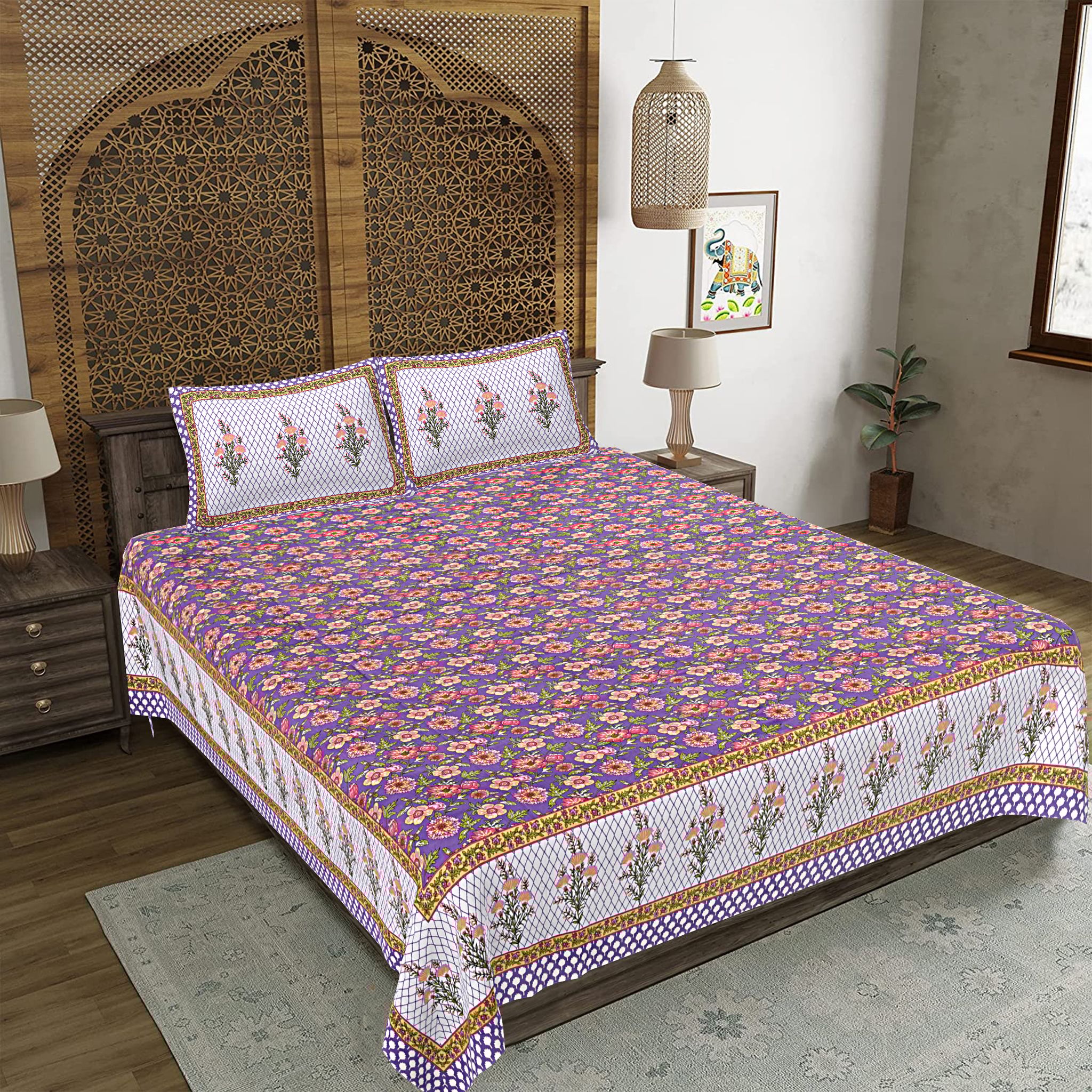 King Size Cotton Double Bedsheet (93x108 inches) with 2 Pillow Covers-(6kaam FJ)