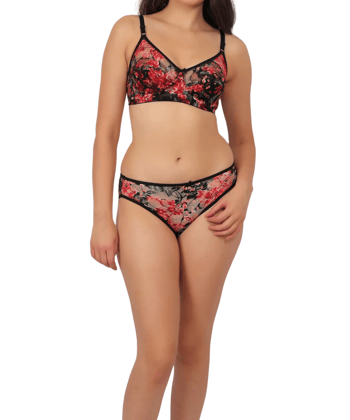 Romantic Temptation: Sheer Black Bridal Lingerie Set with Red Floral Lace | Non-Padded Bra b,c, d cup size and 32 to 40 size available  Fancy Lingerie Set For Newly Married