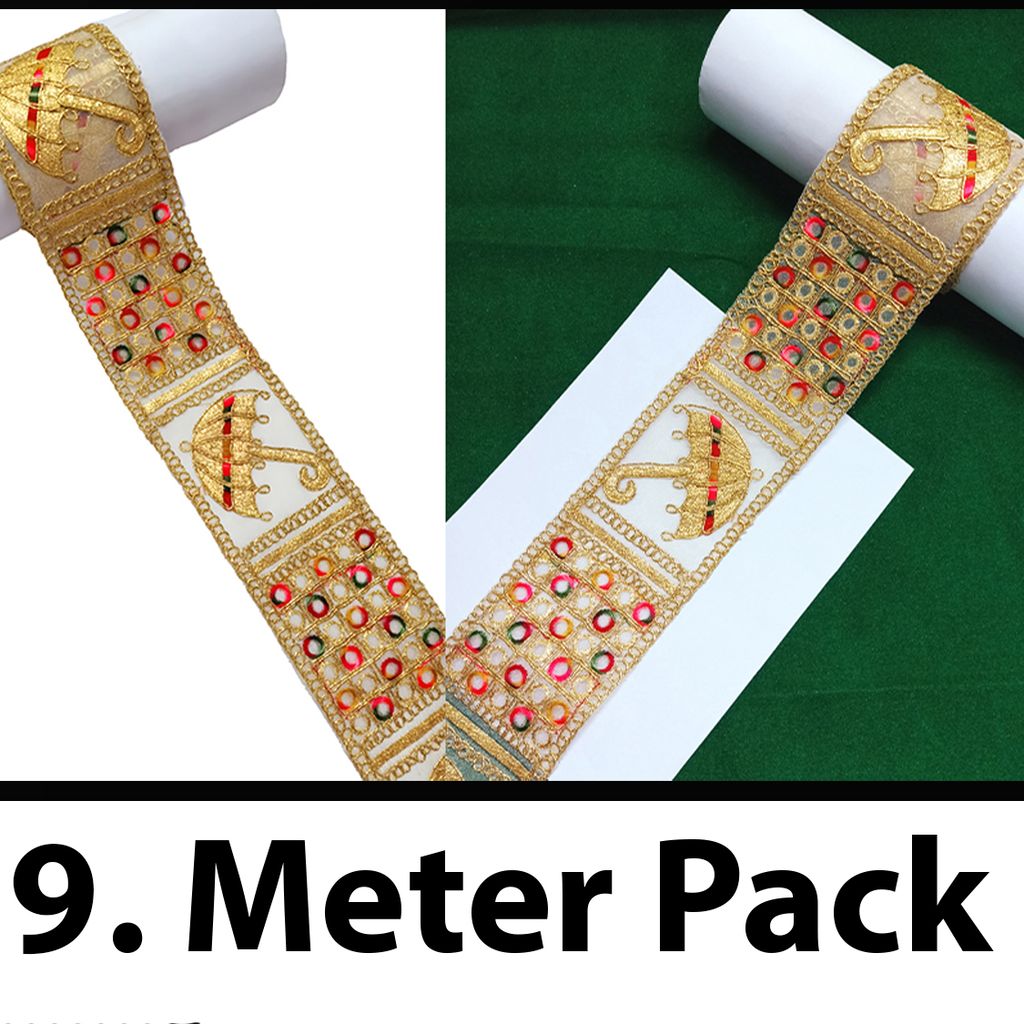 Sewing Border Umbrella Gold and Multi Color Designer Saree Lace Blouse Lehenga, Dupatta, Suit, Anarkali Border,Indian Lace sarees/lehenga/suits/blouses/duppatta/chunri/art craft use,7.62 cm width 9 Mtr Pack