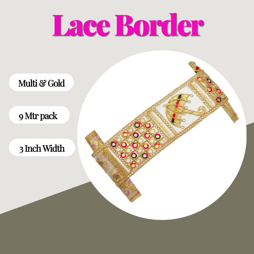 Sewing Border Umbrella Gold and Multi Color Designer Saree Lace Blouse Lehenga, Dupatta, Suit, Anarkali Border,Indian Lace sarees/lehenga/suits/blouses/duppatta/chunri/art craft use,7.62 cm width 9 Mtr Pack