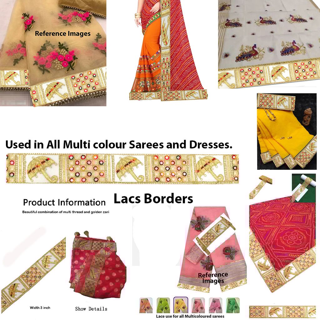Sewing Border Umbrella Gold and Multi Color Designer Saree Lace Blouse Lehenga, Dupatta, Suit, Anarkali Border,Indian Lace sarees/lehenga/suits/blouses/duppatta/chunri/art craft use,7.62 cm width 9 Mtr Pack
