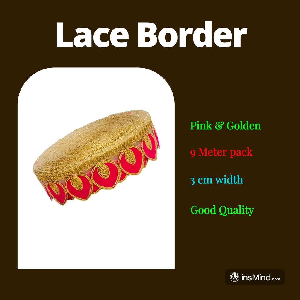 Laces Borders Material Gota Patti Sewing Embroidery Ribbon Trim Cutwork Golden zari Fabric Decoration Craft Clothes 9Meter For Saree Suit Bridal Dupatta Blouse Dress Choli Lehenga Anarkali Hijab Gown Kurti. (Pink)