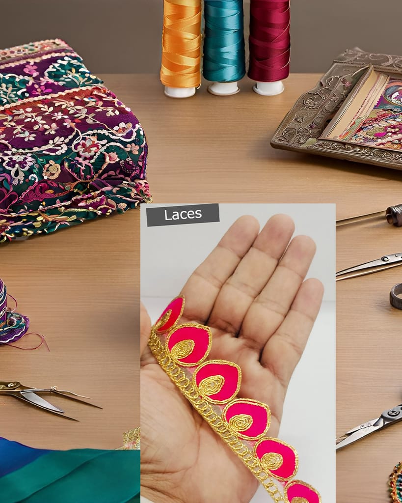 Laces Borders Material Gota Patti Sewing Embroidery Ribbon Trim Cutwork Golden zari Fabric Decoration Craft Clothes 9Meter For Saree Suit Bridal Dupatta Blouse Dress Choli Lehenga Anarkali Hijab Gown Kurti. (Pink)