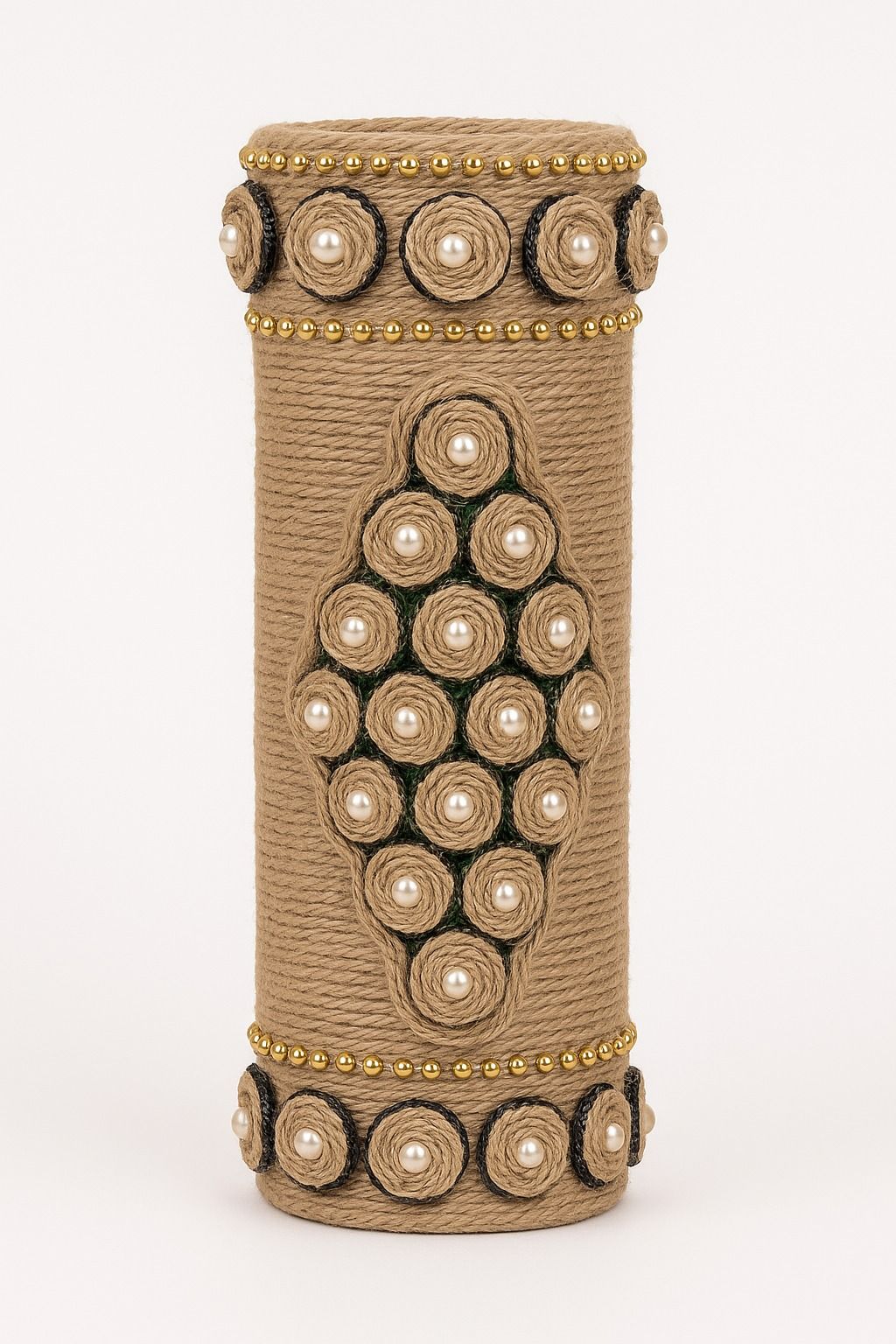 PearlBloom Jute Vase – A Handcrafted Rustic Charm with Elegant Detailing.