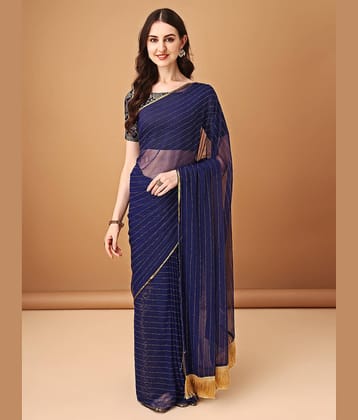 Parmila Fashion Georgette Embellished Saree With Unstitched Blouse Piece ( Navy Blue )