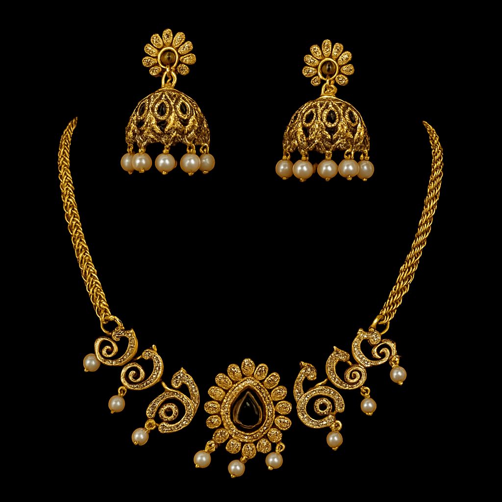 Gold-toned Necklace and Earrings Set with Pearl Accents