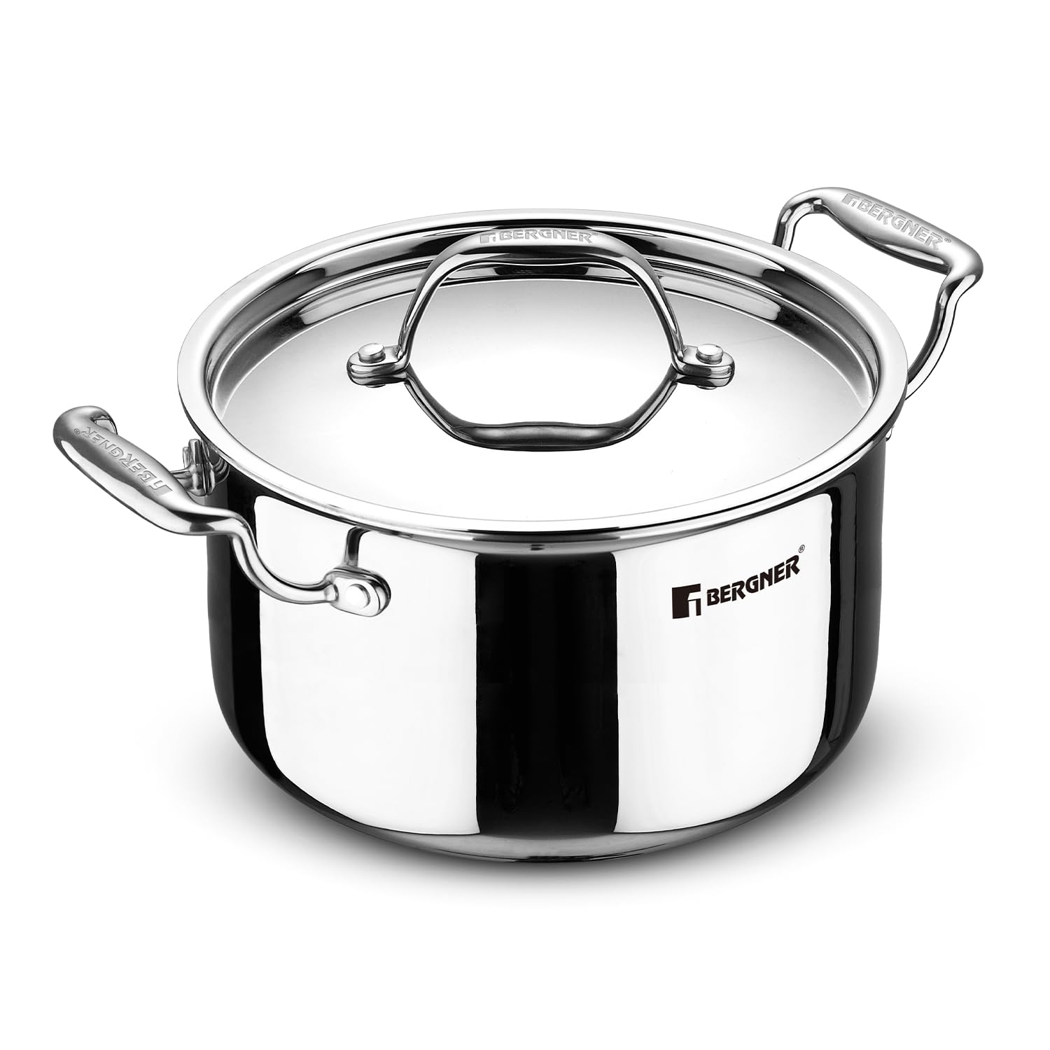 Bergner Argent TriPly Stainless Steel 28 cm Casserole with Stainless Steel Lid, 8.3 Ltr Casserole, Stay Cool Cast Handle, Food Safe, Durable, Dishwasher Safe, Induction and Gas Ready, 5-Year Warranty
