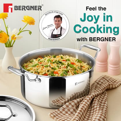 Bergner Argent TriPly Stainless Steel 28 cm Casserole with Stainless Steel Lid, 8.3 Ltr Casserole, Stay Cool Cast Handle, Food Safe, Durable, Dishwasher Safe, Induction and Gas Ready, 5-Year Warranty