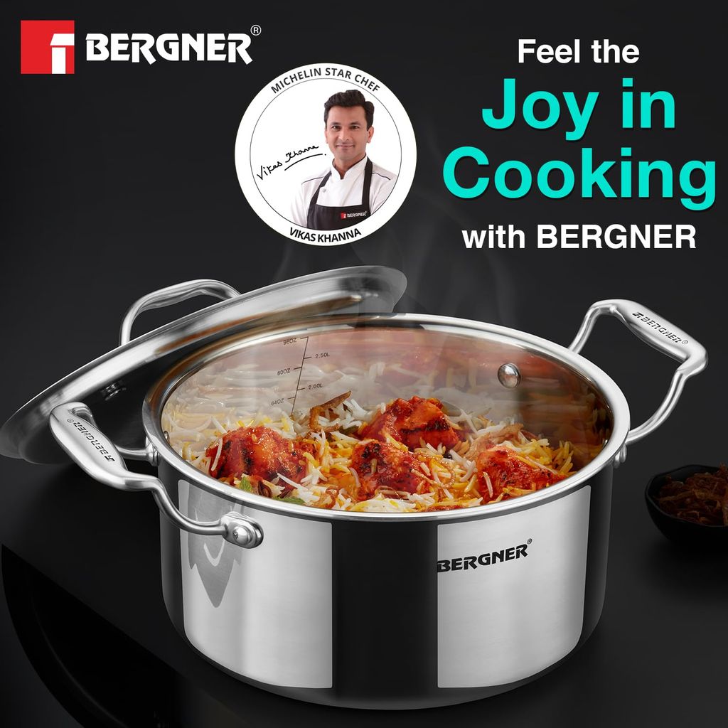 Bergner Argent TriPly Stainless Steel 28 cm Casserole with Stainless Steel Lid, 8.3 Ltr Casserole, Stay Cool Cast Handle, Food Safe, Durable, Dishwasher Safe, Induction and Gas Ready, 5-Year Warranty