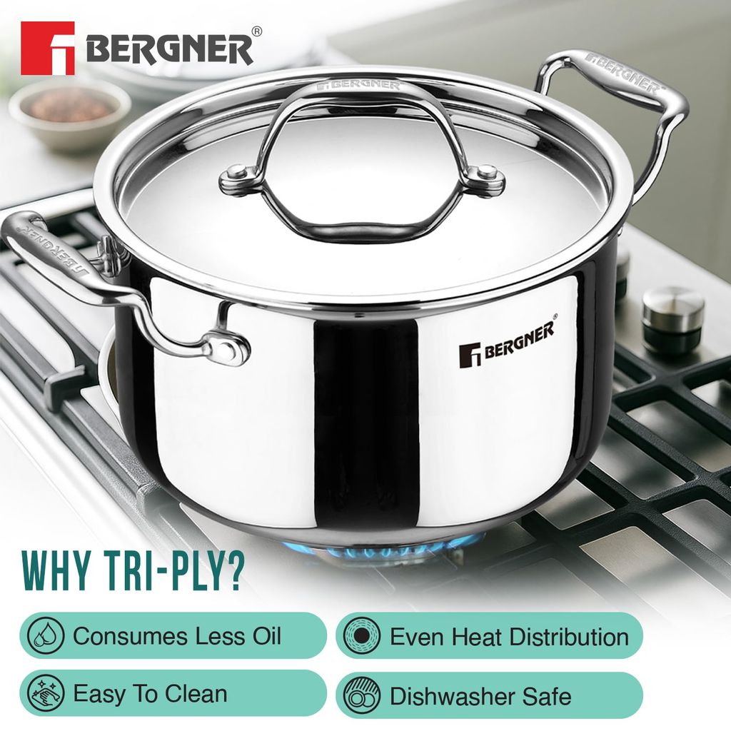 Bergner Argent TriPly Stainless Steel 28 cm Casserole with Stainless Steel Lid, 8.3 Ltr Casserole, Stay Cool Cast Handle, Food Safe, Durable, Dishwasher Safe, Induction and Gas Ready, 5-Year Warranty