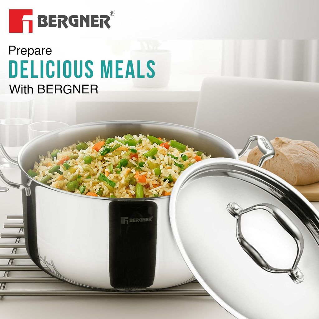 Bergner Argent TriPly Stainless Steel 28 cm Casserole with Stainless Steel Lid, 8.3 Ltr Casserole, Stay Cool Cast Handle, Food Safe, Durable, Dishwasher Safe, Induction and Gas Ready, 5-Year Warranty