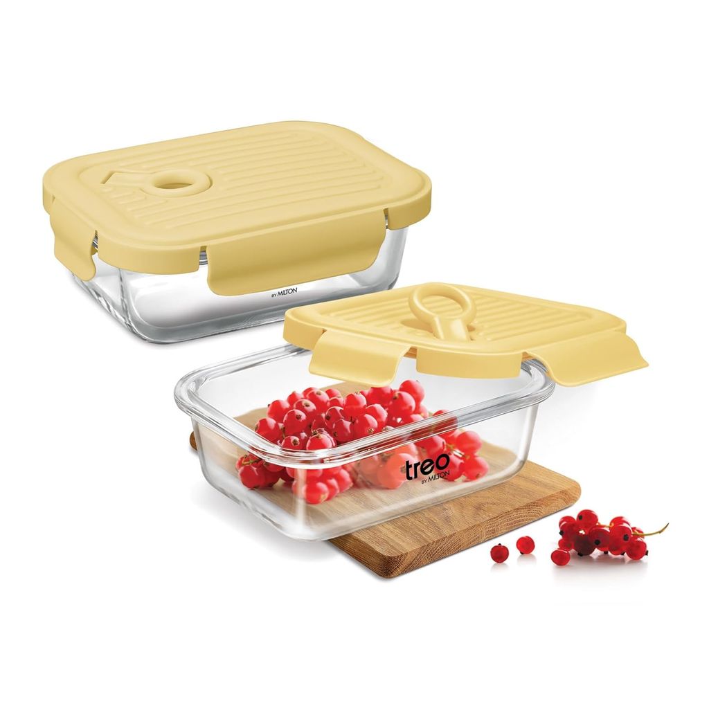 Treo by Milton Lumino Fresh Rectangular 380 Borosilicate Glass Containers for Kitchen I Microwave Safe I Leak Proof with Air Vent Lid I 380 ml, Set of 2, Yellow