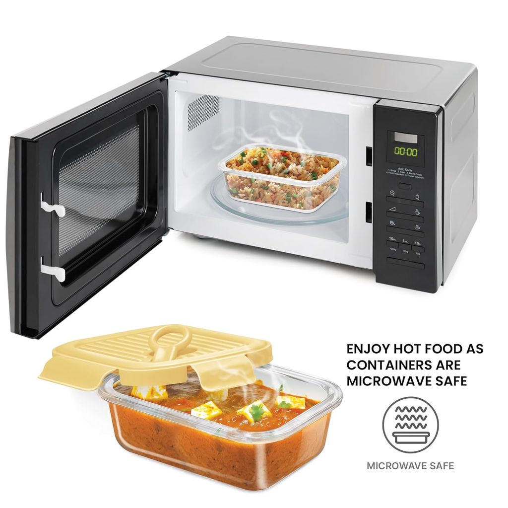 Treo by Milton Lumino Fresh Rectangular 380 Borosilicate Glass Containers for Kitchen I Microwave Safe I Leak Proof with Air Vent Lid I 380 ml, Set of 2, Yellow