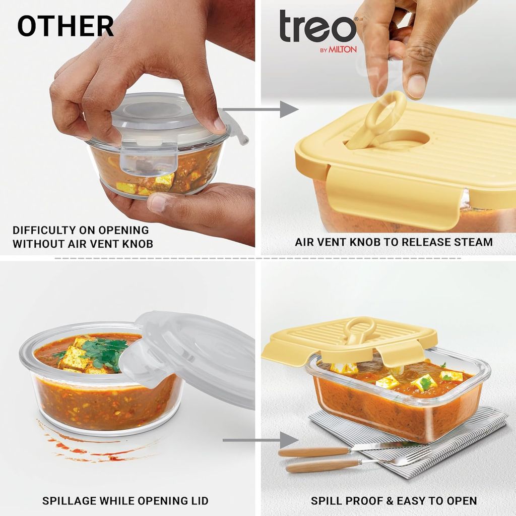 Treo by Milton Lumino Fresh Rectangular 380 Borosilicate Glass Containers for Kitchen I Microwave Safe I Leak Proof with Air Vent Lid I 380 ml, Set of 2, Yellow