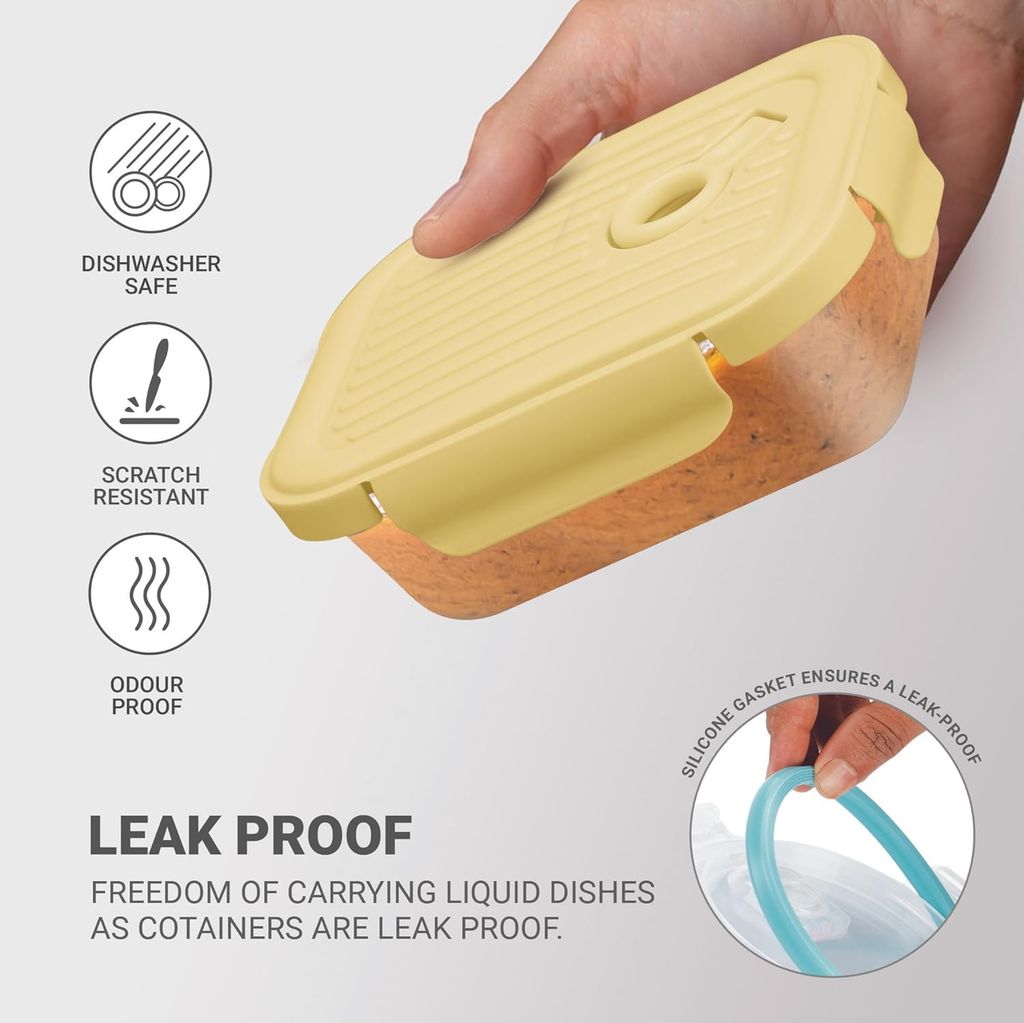 Treo by Milton Lumino Fresh Rectangular 380 Borosilicate Glass Containers for Kitchen I Microwave Safe I Leak Proof with Air Vent Lid I 380 ml, Set of 2, Yellow