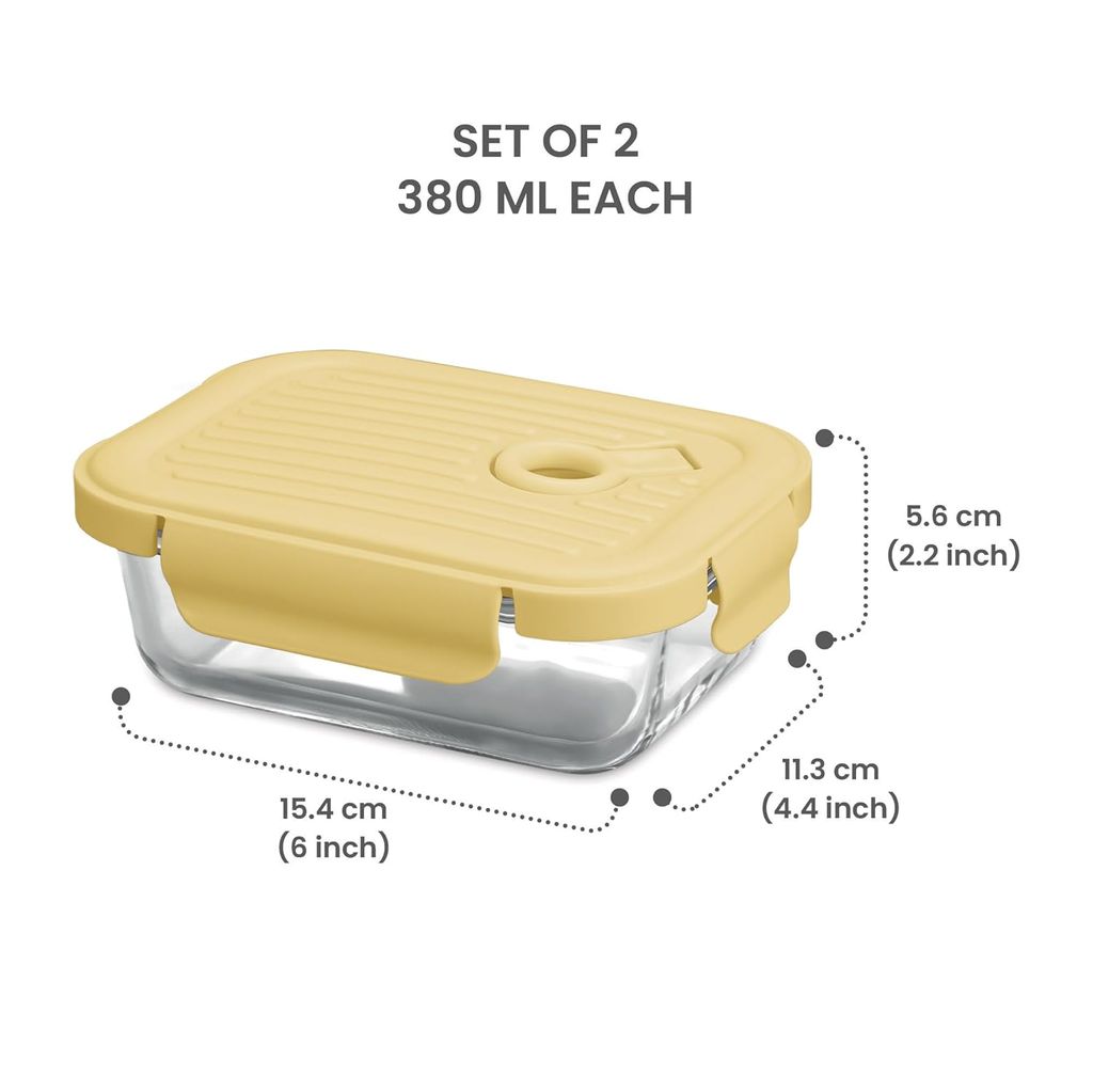 Treo by Milton Lumino Fresh Rectangular 380 Borosilicate Glass Containers for Kitchen I Microwave Safe I Leak Proof with Air Vent Lid I 380 ml, Set of 2, Yellow