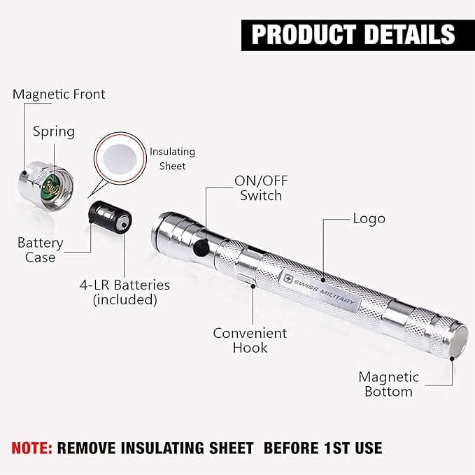 SWISS MILITARY LED Torch Light for Home & Outdoor | 360° Flexible Extendible Head, Magnetized Base, Scratch-Resistant Aluminum Body, Ultra-Bright Work Light, Compact & Portable – Silver