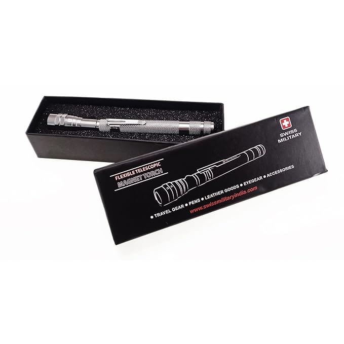 SWISS MILITARY LED Torch Light for Home & Outdoor | 360° Flexible Extendible Head, Magnetized Base, Scratch-Resistant Aluminum Body, Ultra-Bright Work Light, Compact & Portable – Silver