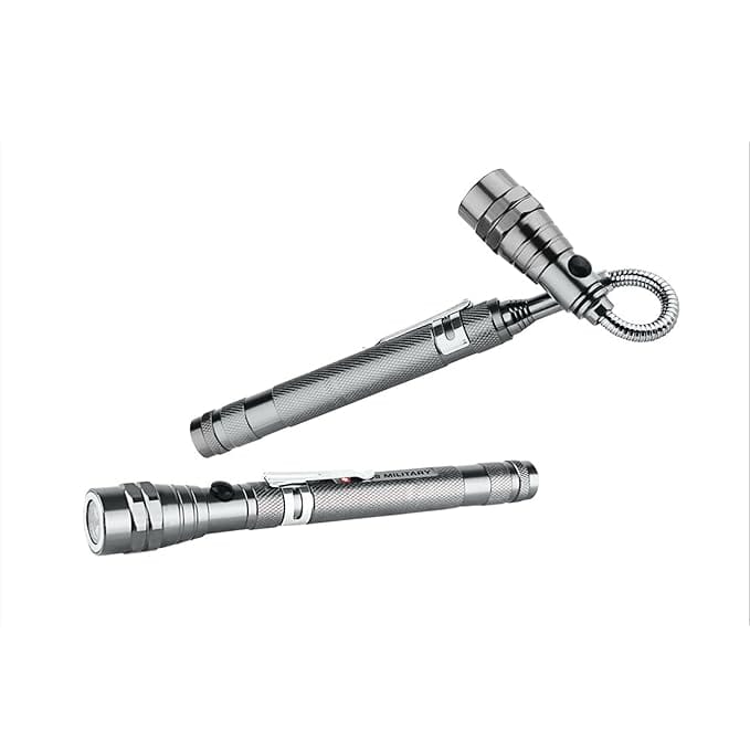 SWISS MILITARY LED Torch Light for Home & Outdoor | 360° Flexible Extendible Head, Magnetized Base, Scratch-Resistant Aluminum Body, Ultra-Bright Work Light, Compact & Portable – Silver