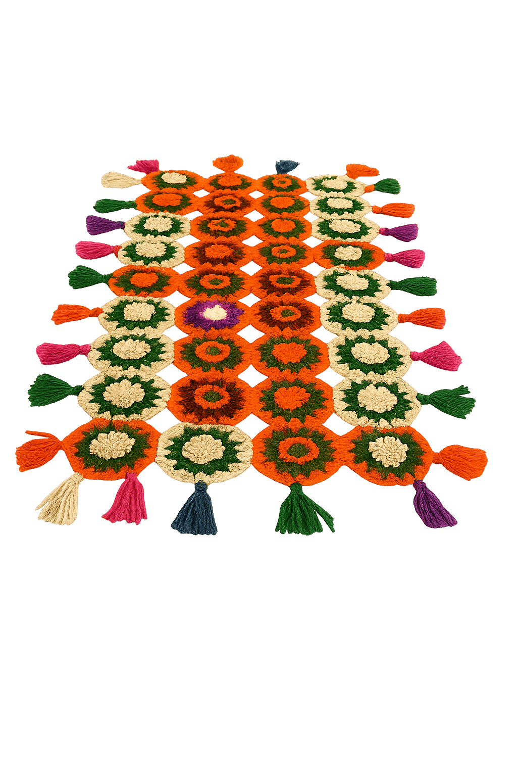 Handcrafted Multi Purpose Table Runner – Multicolor Floral Design with Wool & Thread Tassels