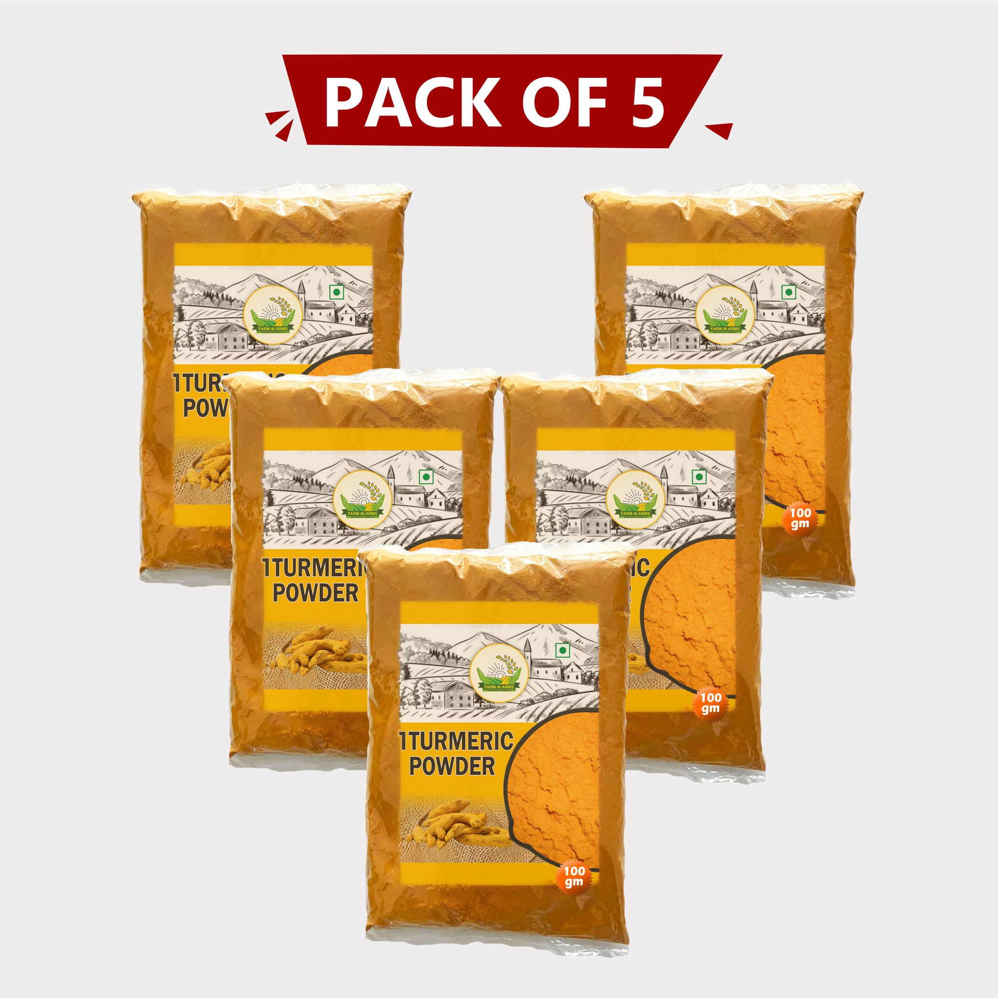 Turmeric Powder 500gm (Pack of 5 x 100gm) by Arms Krishi Pure Haldi Powder with Natural Color & Authentic Taste. 