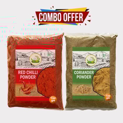 Coriander & Chilli Powder Combo 200gm (Pack of 2) by Arms Krishi Pure Spices - Natural Color & Authentic Taste.
