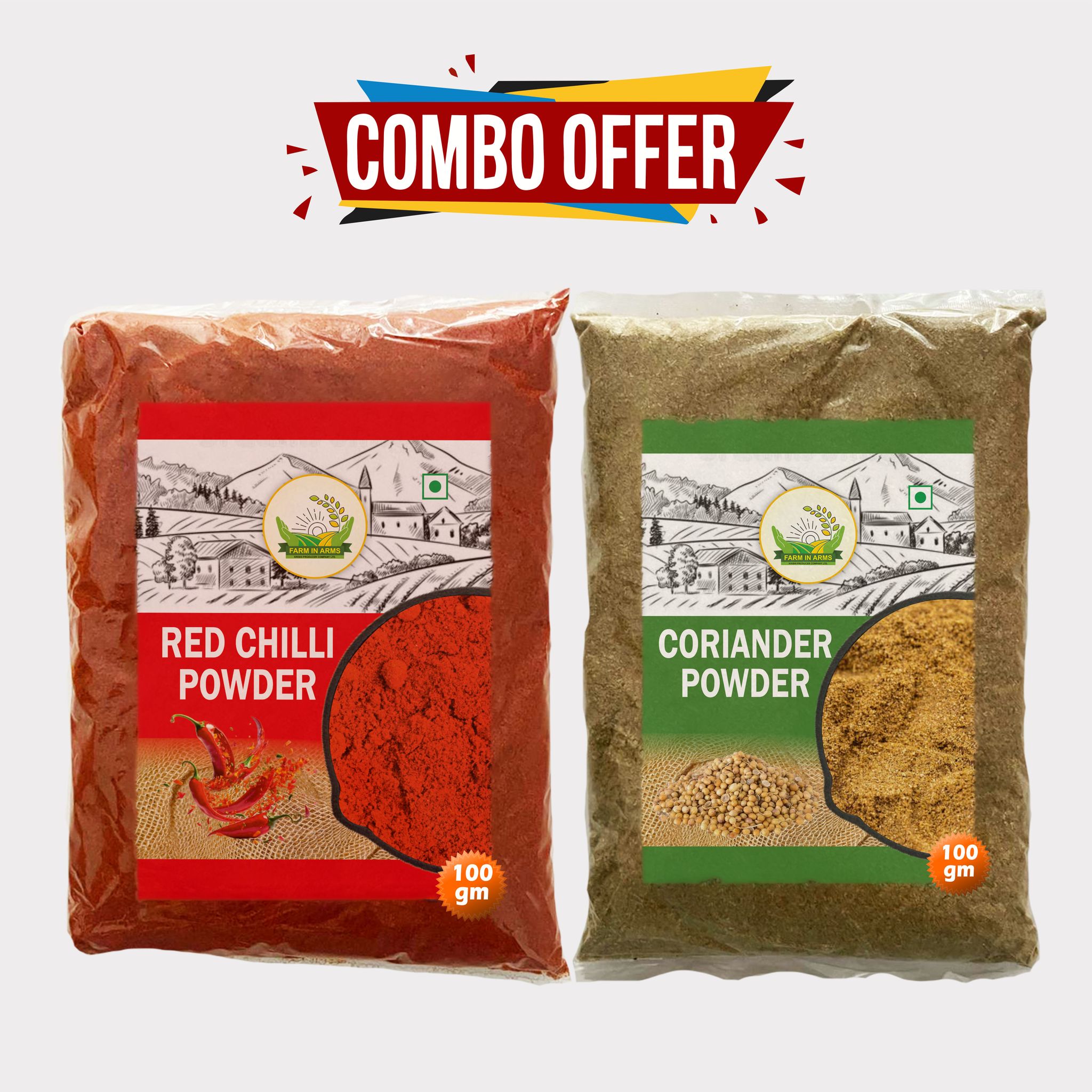 Coriander & Chilli Powder Combo 200gm (Pack of 2) by Arms Krishi Pure Spices - Natural Color & Authentic Taste.