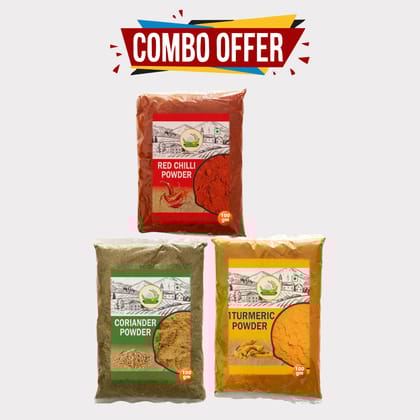 Combo pack of Red Chilli, Turmeric & Coriander Powder - 300gm (Pack of 3) by Arms Krishi, Pure Spices & Natural Color. Combo pack of Red Chilli, Turmeric & Coriander Powder - 300gm (Pack of 3) by Arms Krishi, Pure Spices & Natural Color.