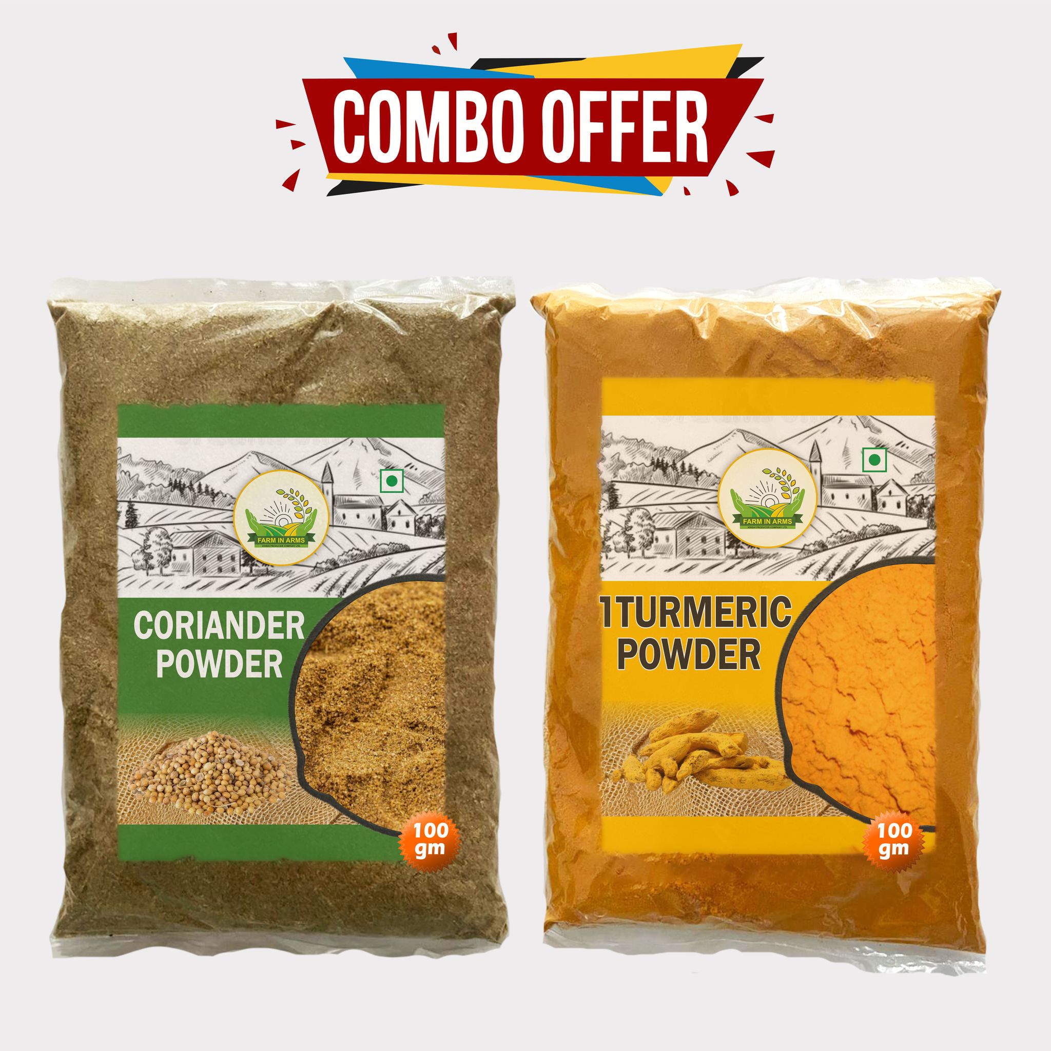 Turmeric & Coriander Powder Combo 200gm (Pack of 2) by Arms Krishi - Fresh, Natural Color & Authentic Flavor. 