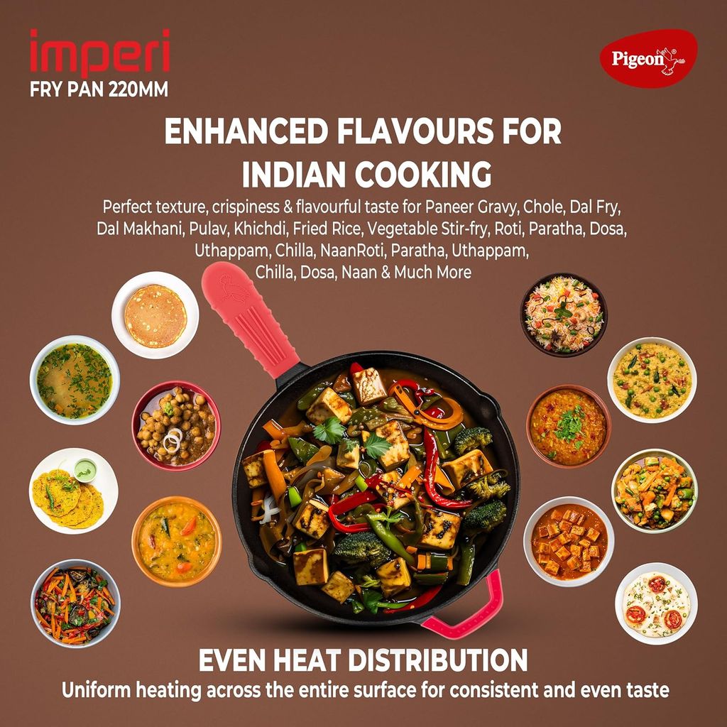 Pigeon Imperi Cast Iron Fry Pan/Skillet, Free Silicone Grip, Pre-Seasoned, 100% Healthy & Toxin-Free, Naturally Nonstick Frying Pan, Makes Food Tastier, Strong & Durable, Gas & Induction, Frypan 22cm