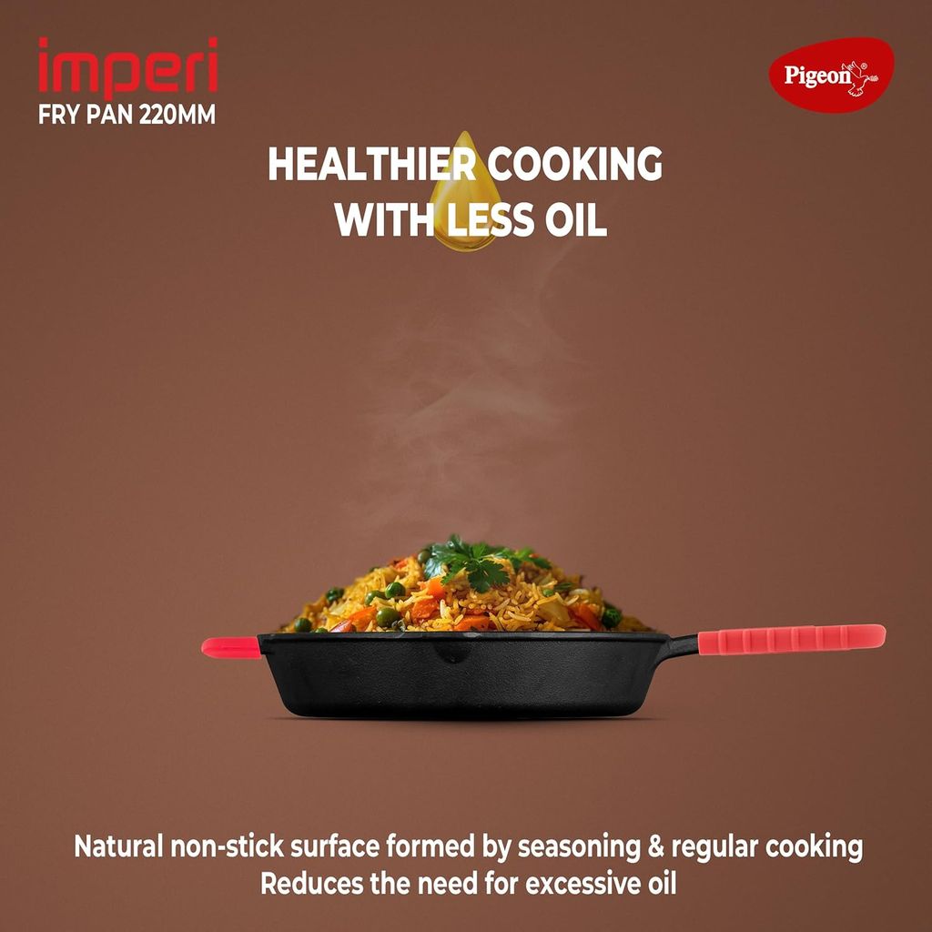 Pigeon Imperi Cast Iron Fry Pan/Skillet, Free Silicone Grip, Pre-Seasoned, 100% Healthy & Toxin-Free, Naturally Nonstick Frying Pan, Makes Food Tastier, Strong & Durable, Gas & Induction, Frypan 22cm