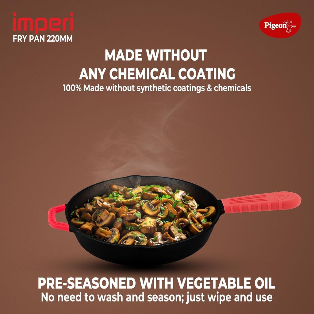 Pigeon Imperi Cast Iron Fry Pan/Skillet, Free Silicone Grip, Pre-Seasoned, 100% Healthy & Toxin-Free, Naturally Nonstick Frying Pan, Makes Food Tastier, Strong & Durable, Gas & Induction, Frypan 22cm