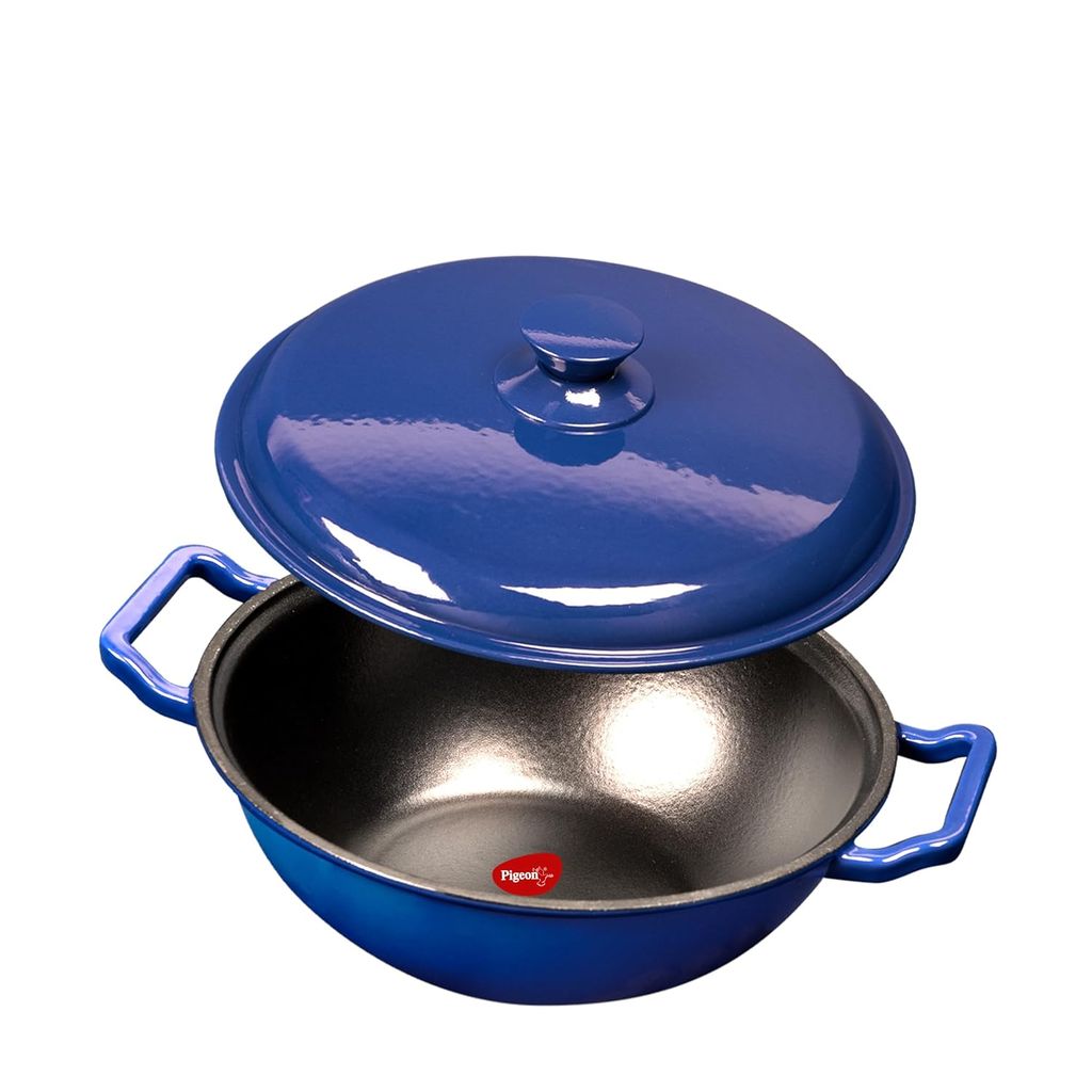 Pigeon by Stovekraft Cast Iron Kadai with Cast Iron Lid | Medium, 24 cm | Enamel Coated | Luxurious Mirror Finish | Toxin-Free | High Pressure Casting | Cook with Style, Elegance & Comfort - Cookware | Buy online on ZillyBuy