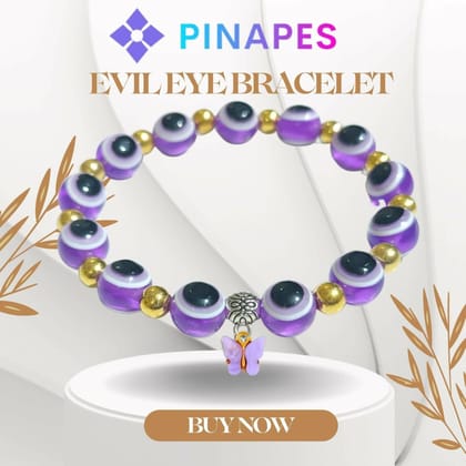 Pinapes Butterfly & Evil Eye Charm Bracelet – Violet Beads