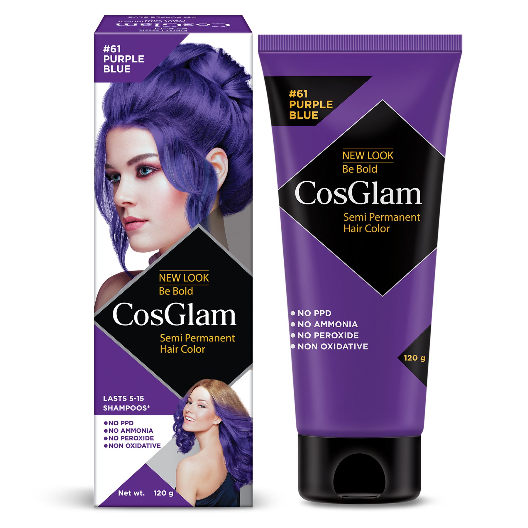 COSGLAM Semi Permanent Hair Color, No Peroxide, Non Oxidative, Ammonia Free Hair Colour 61 Purple Blue - 120gm
