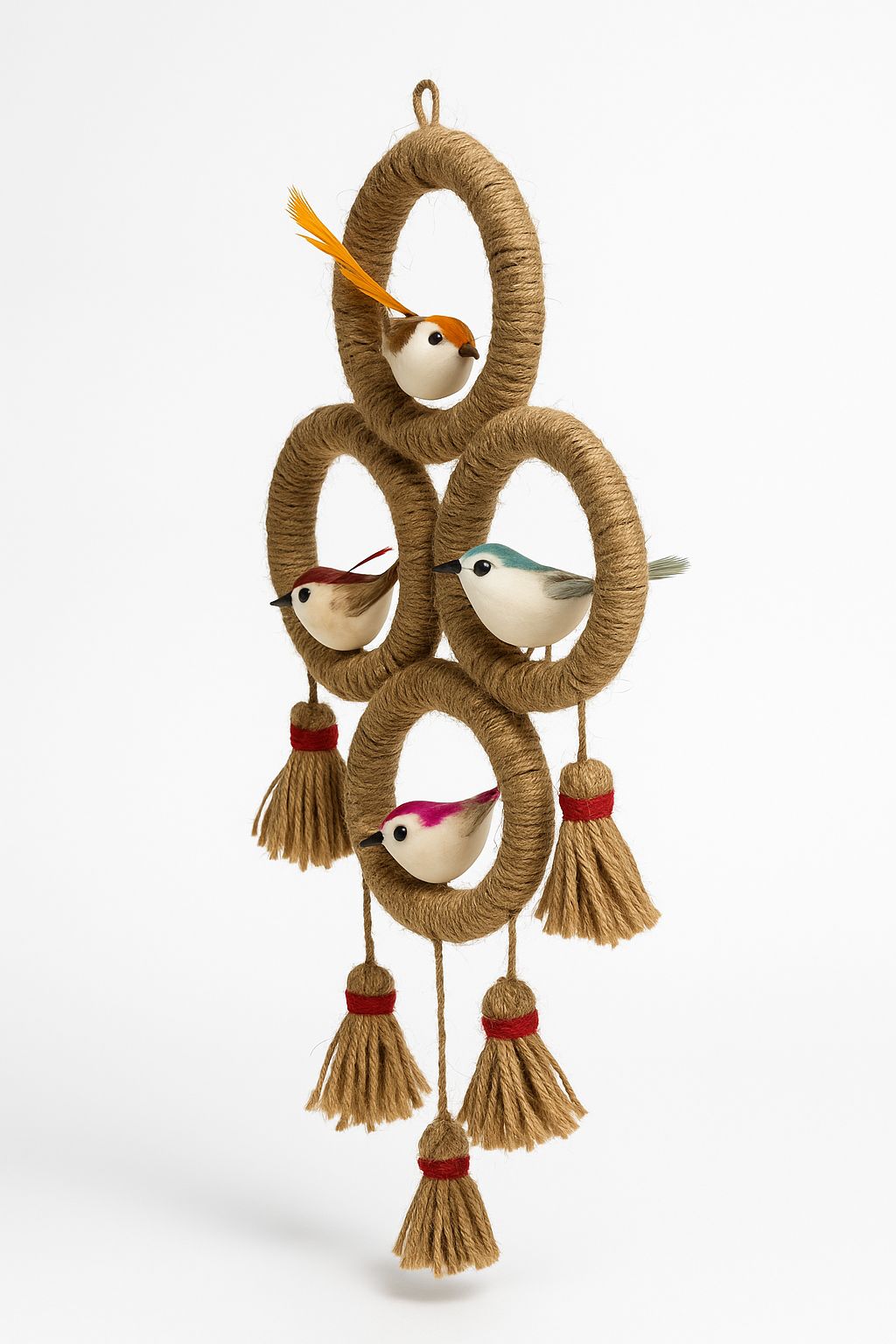 Chirpy Charm – A handcrafted jute wall hanging with vibrant birds and rustic tassels.