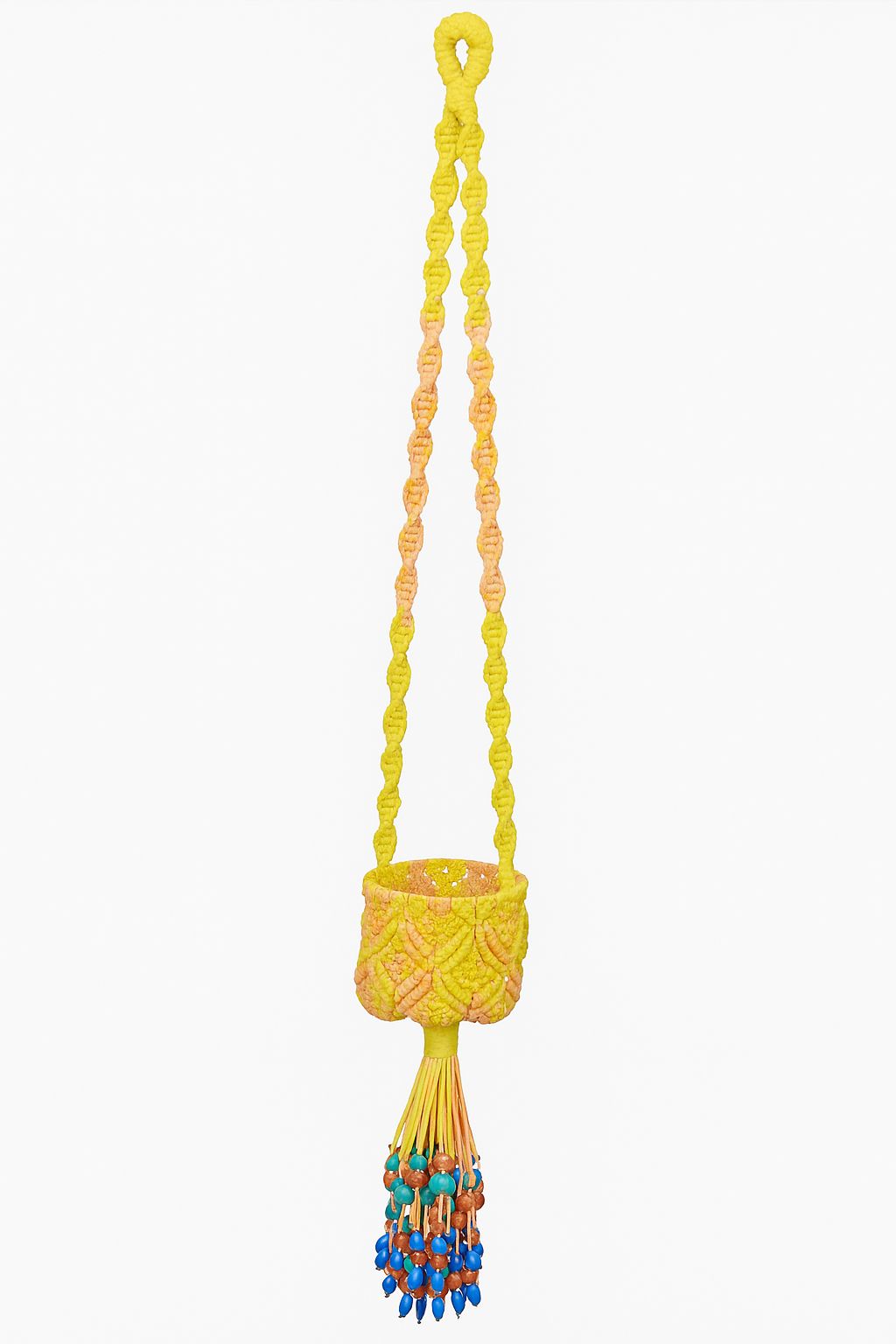 SunBlossom Beaded Macramé Hanging Basket – Handcrafted Crochet Décor