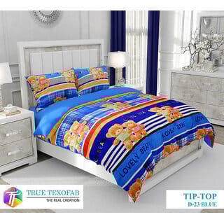 BLACK BEE  Teddy print on blue base double bedsheet with 2 Pillow Covers (208 X 213 cm)(BS32-03)