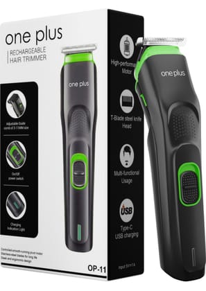 One Plus OP 11 Cordless Professional Hair Trimmer Titanium Coated Blade Waterproof Trimmer 120 min Runtime 12 Length Settings  (Black, Green)