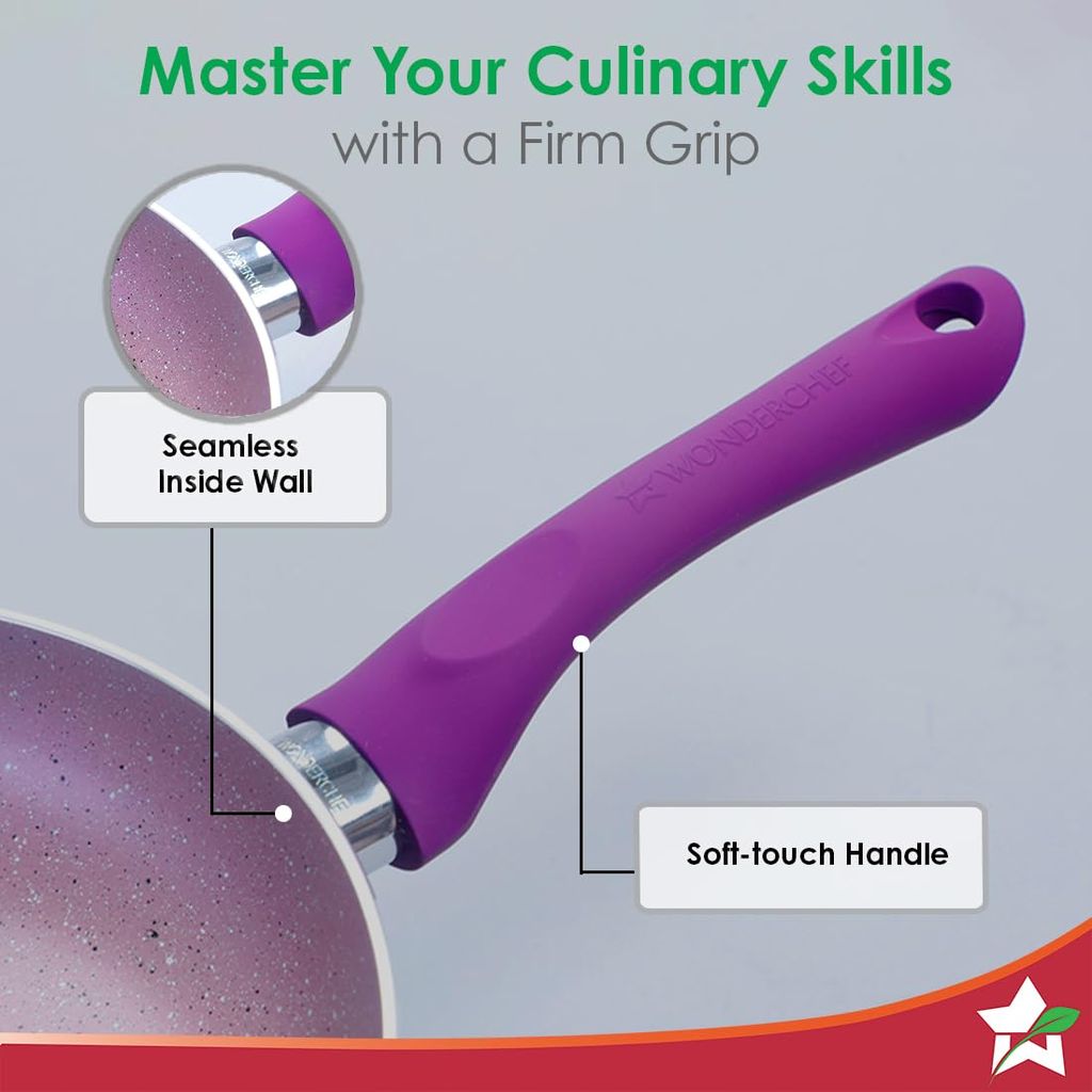 Wonderchef Royal Velvet Non-Stick 24cm Fry pan I Induction Ready | Soft-Touch Handles |Non – Toxic I Virgin Aluminium| 3 mm Thick | 1.8 litres | 2 Year Warranty | Purple