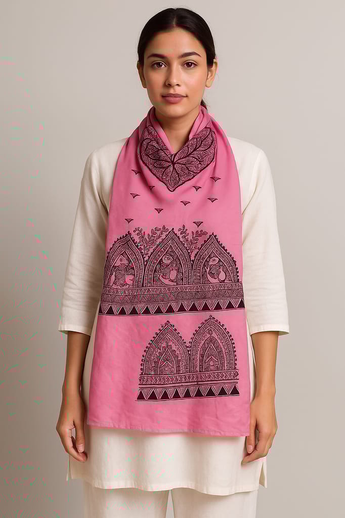 Handcrafted Madhubani Art Silk Stole – Pink