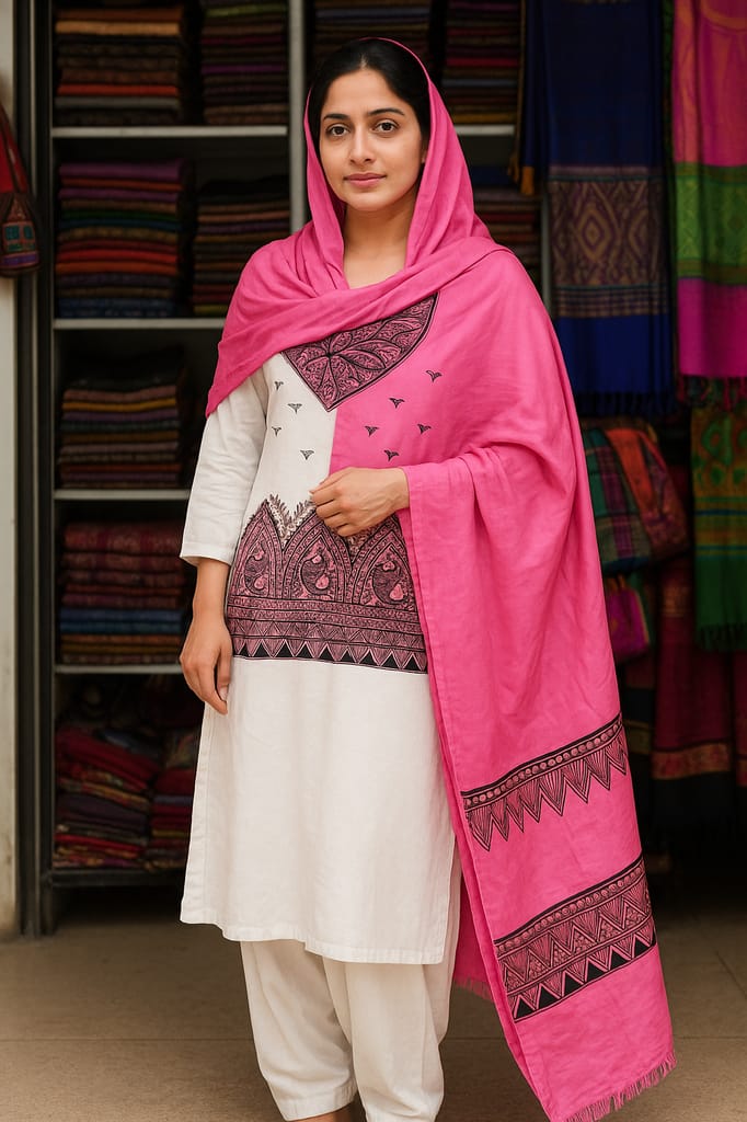 Handcrafted Madhubani Art Silk Stole – Pink