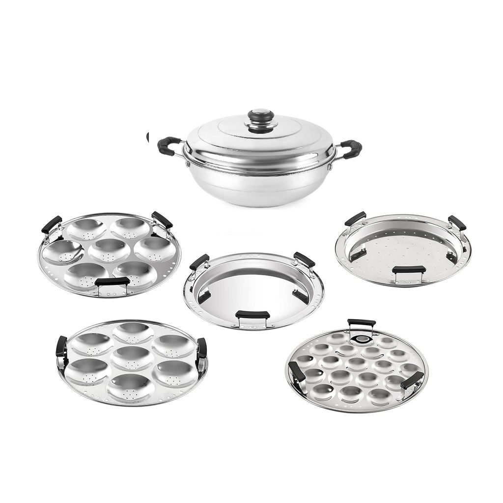 Cello Stainless Steel Induction Base Idli Cooker And Multi Kadhai Set of 6, Silver, 5 liter | Compatible With Gas Stove & Induction | Ideal For Dhokla, Patra, Idli and Momos