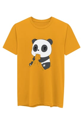 Men's Yellow Cotton T-shirt with Cute Panda Cartoon Print | Half Sleeve Casual Wear Tee