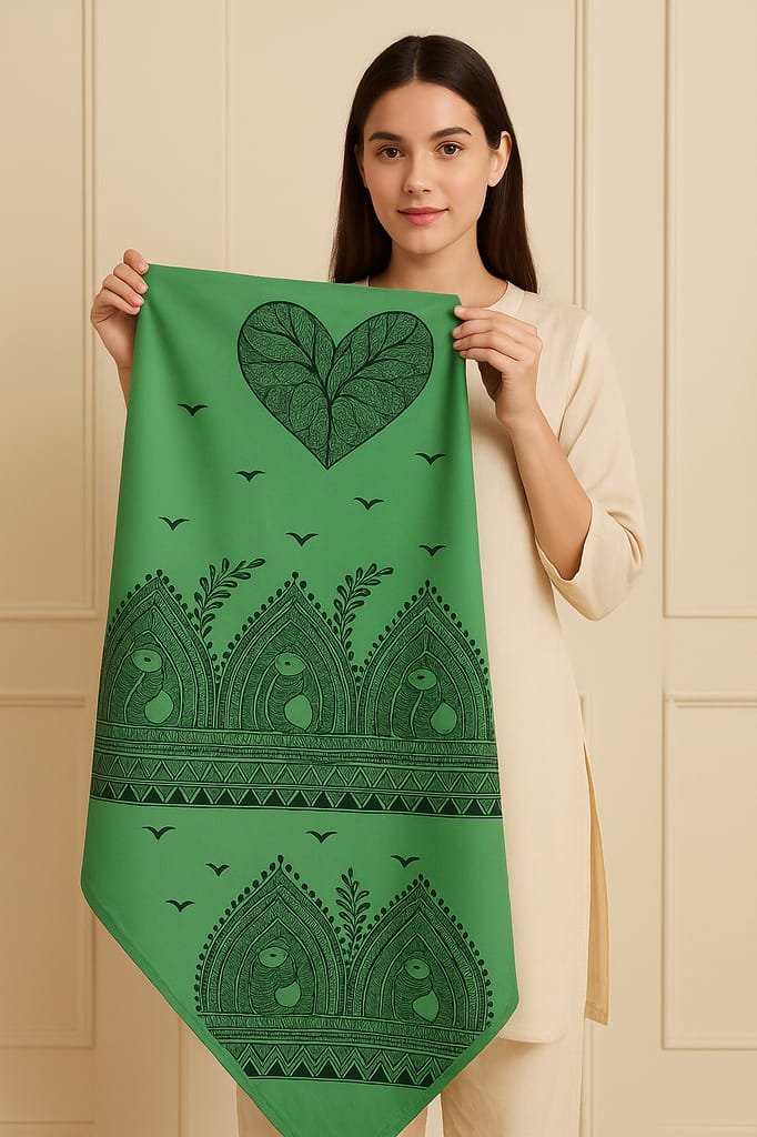 Handcrafted Madhubani Art Silk Stole – Green