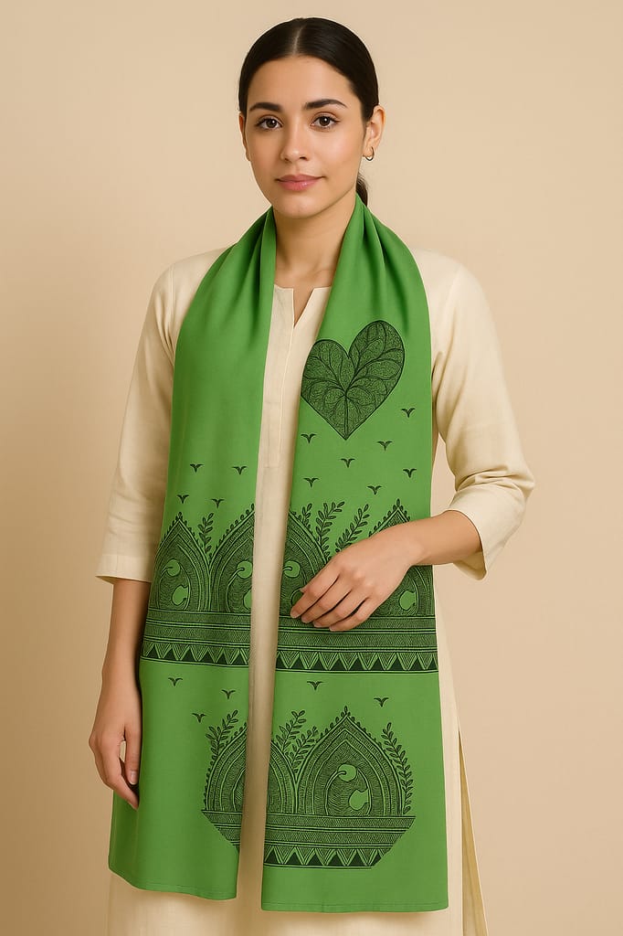 Handcrafted Madhubani Art Silk Stole – Green